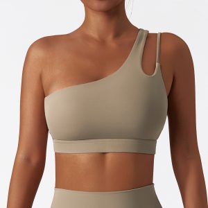 Beige Asymmetric Strap Workout Bra