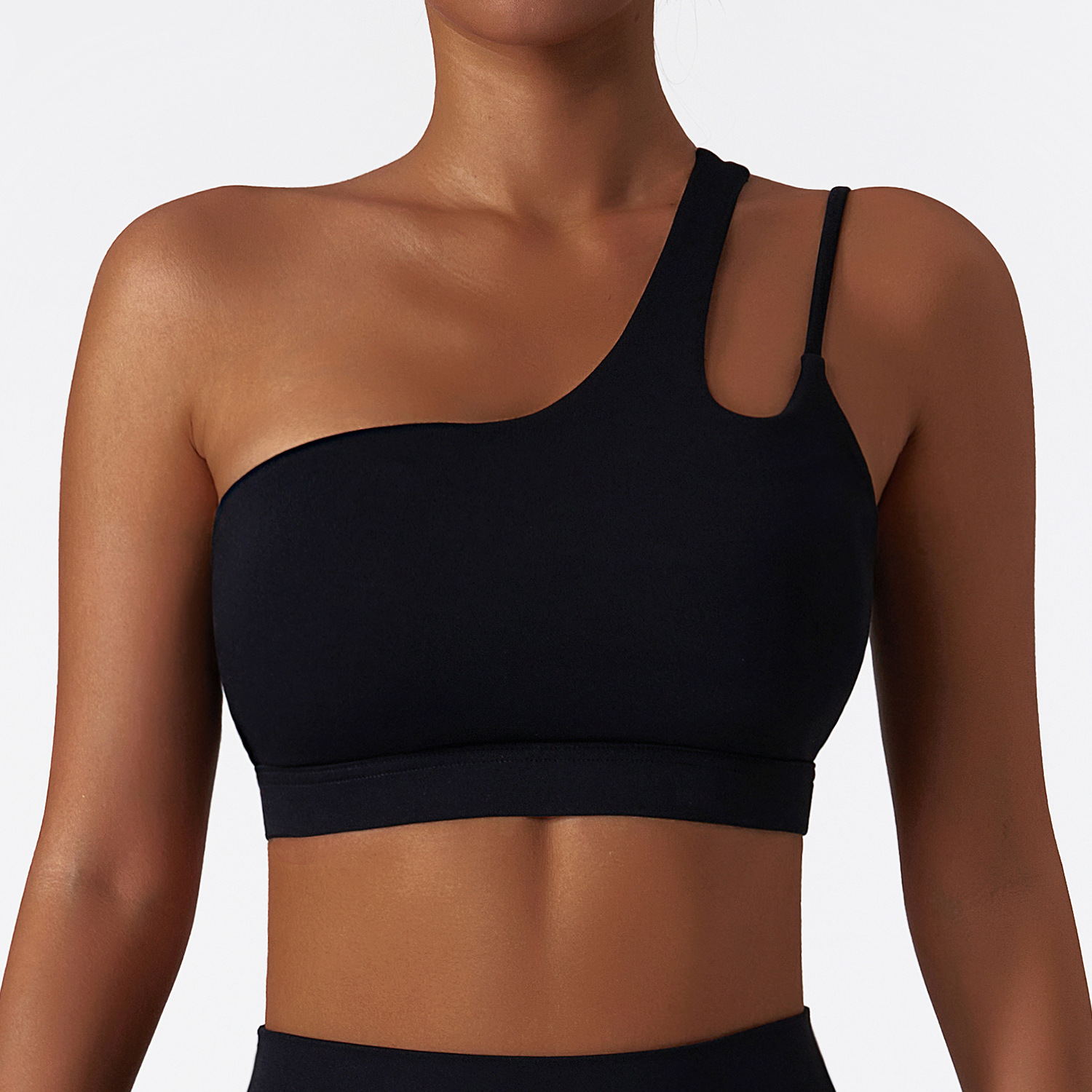 Black One Shoulder Cutout Sports Bra
