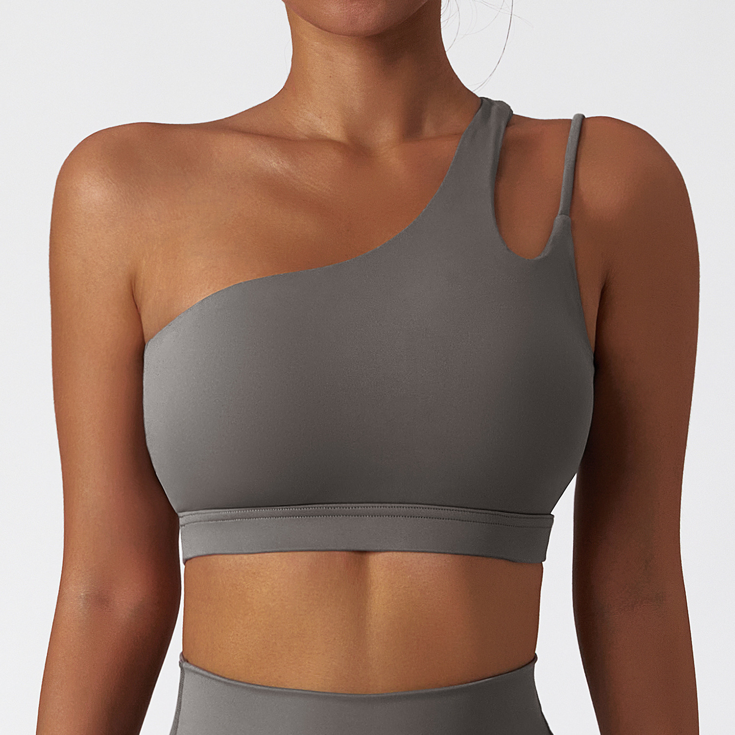 Grey One Shoulder Cutout Sports Bra